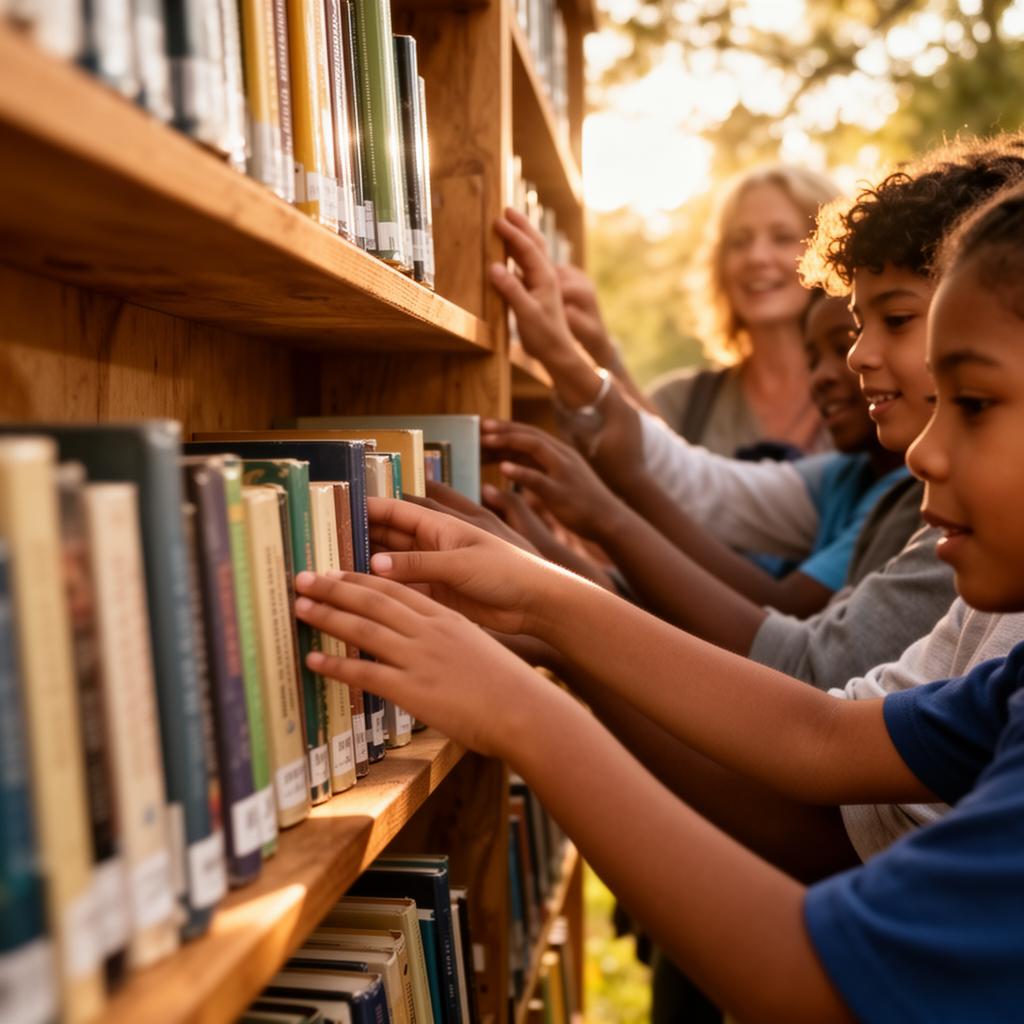 Mãos buscando livros na Biblioteca a Céu Aberto